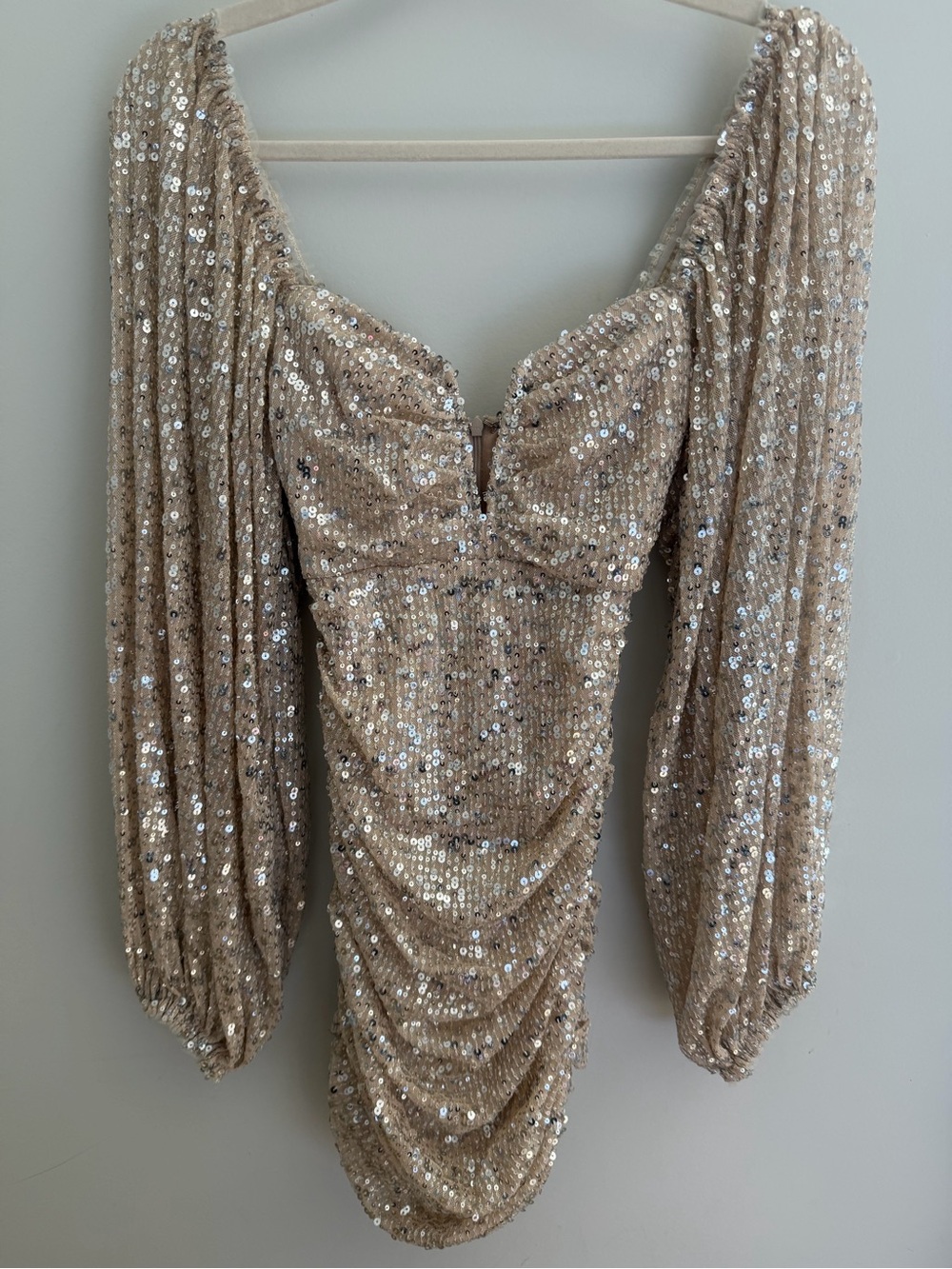 Beige Sequin Ruched Long Sleeve Mini Dress